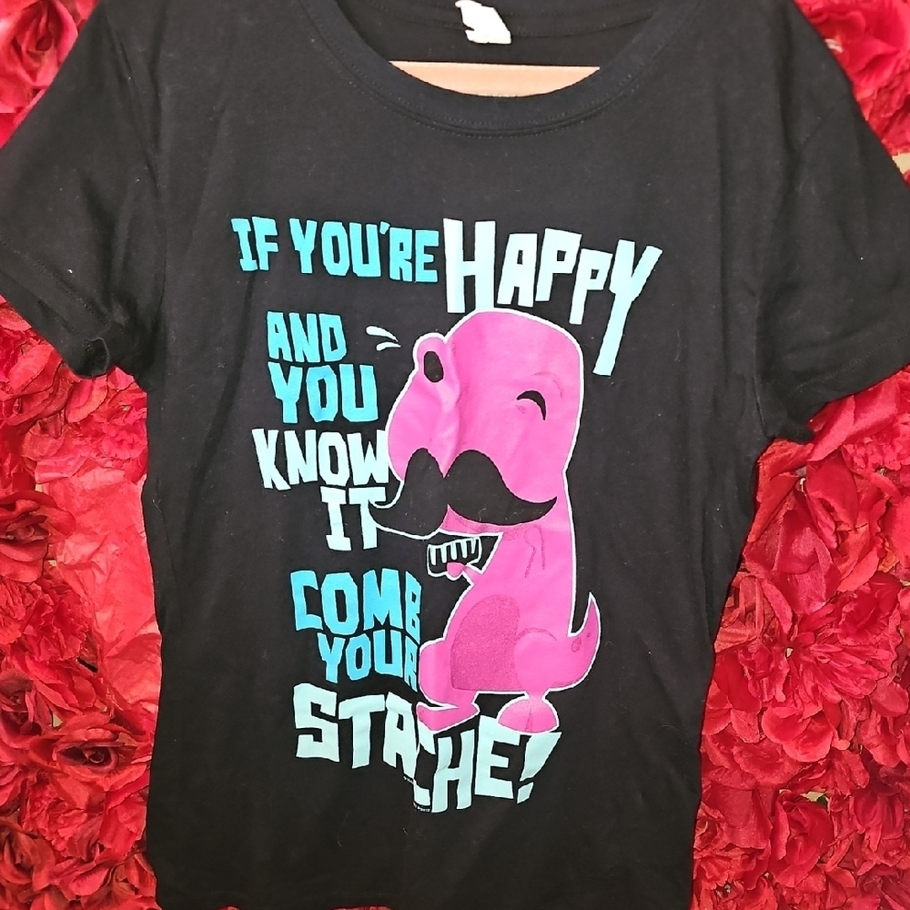 Black Kids T-Shirt with Pink Dinosaur Mustache Graphic Size Xlarge